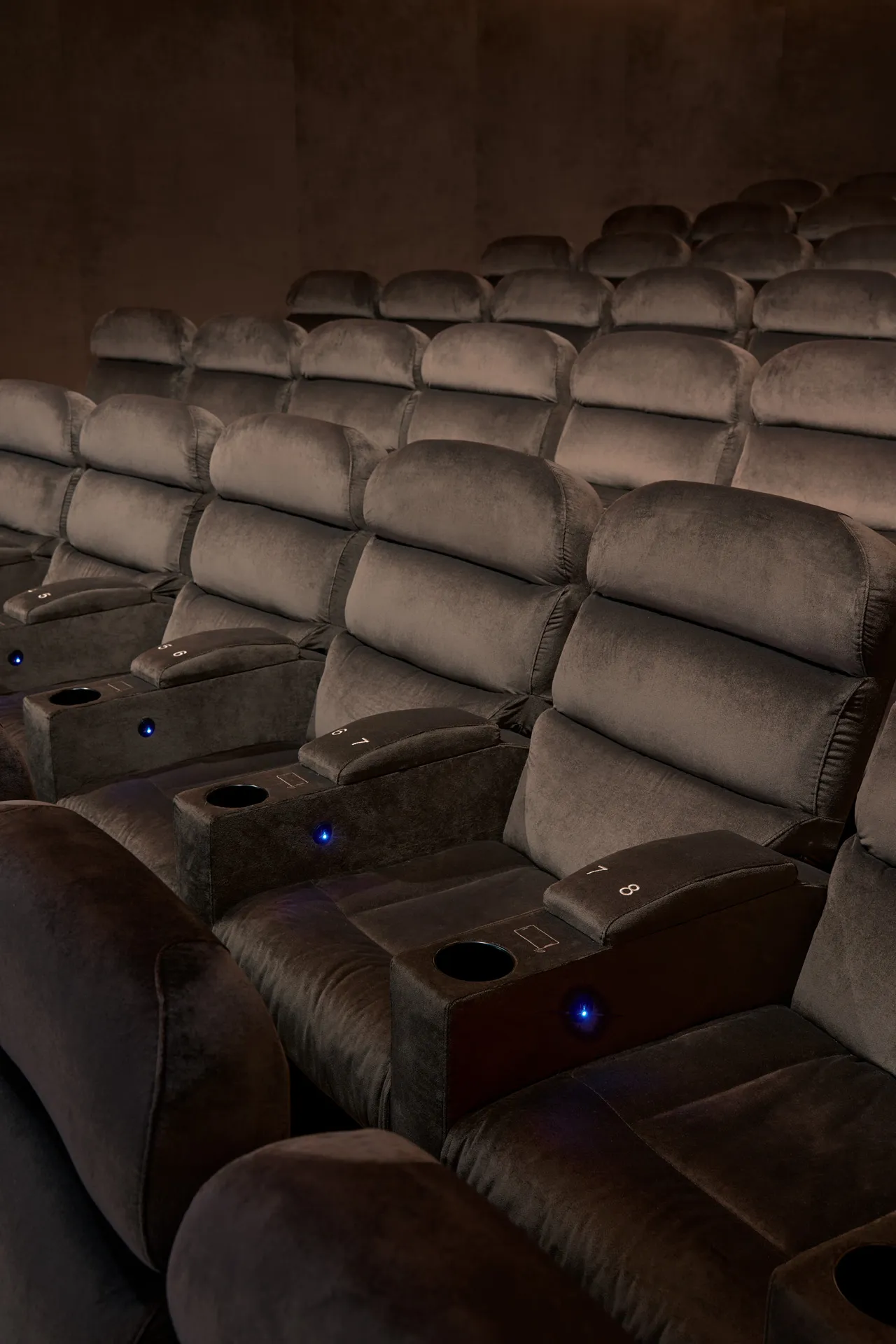 Sala Cinema, dettaglio delle poltrone in velluto con numerazione